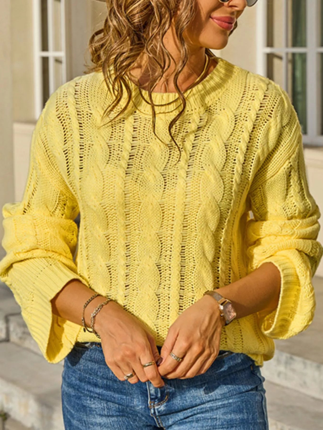 Sarah Express Women's Cable Knit Sweater - Long Sleeve Openwork Pullover