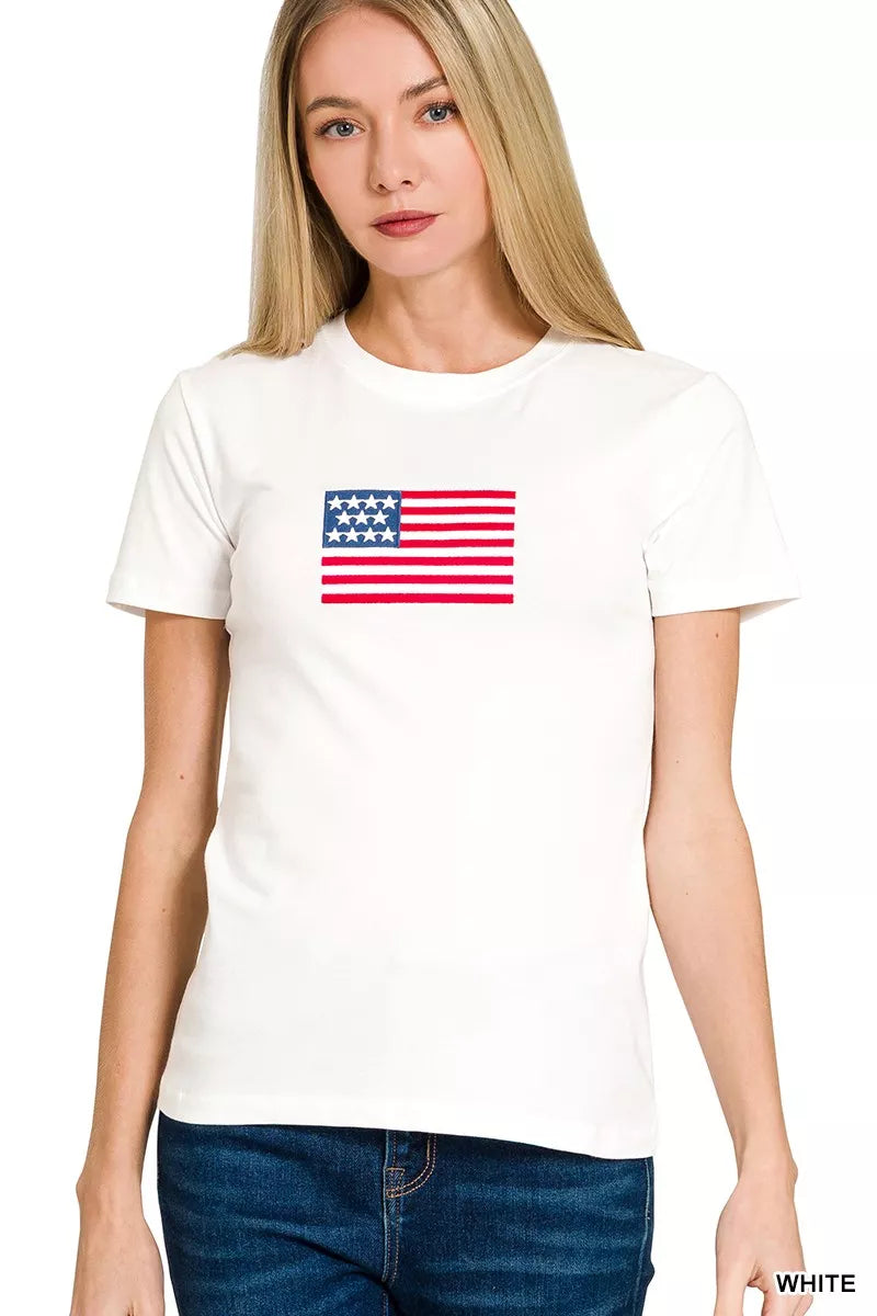 Sarah Express Women's American Flag Graphic Tee - Patriotic Cotton Blend T-Shirt WHITE