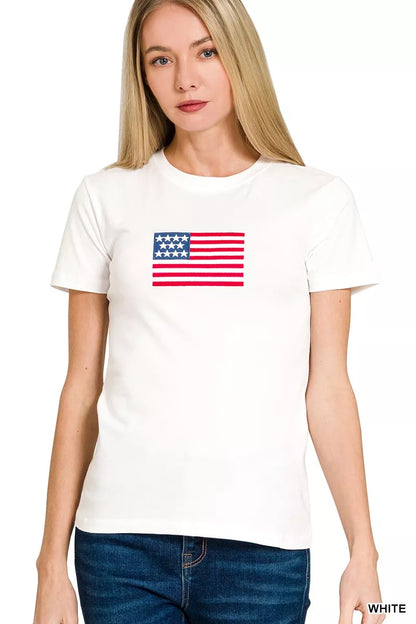 Sarah Express Women's American Flag Graphic Tee - Patriotic Cotton Blend T-Shirt WHITE