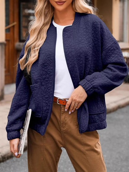 Sarah Express Women's Floral Quilted Zip Up Jacket Plus Size Navy Blue