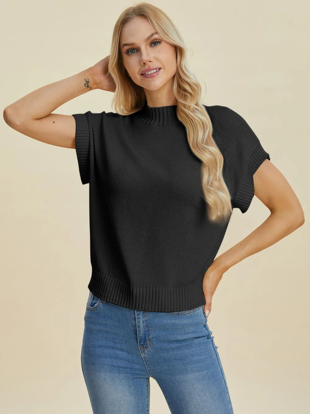 Sarah Express Women’s Plus Size Short Sleeve Mock Neck Viscose Sweater
