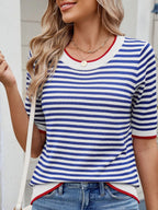 Sarah Express Women's Striped Casual T-Shirt with Contrast Trim