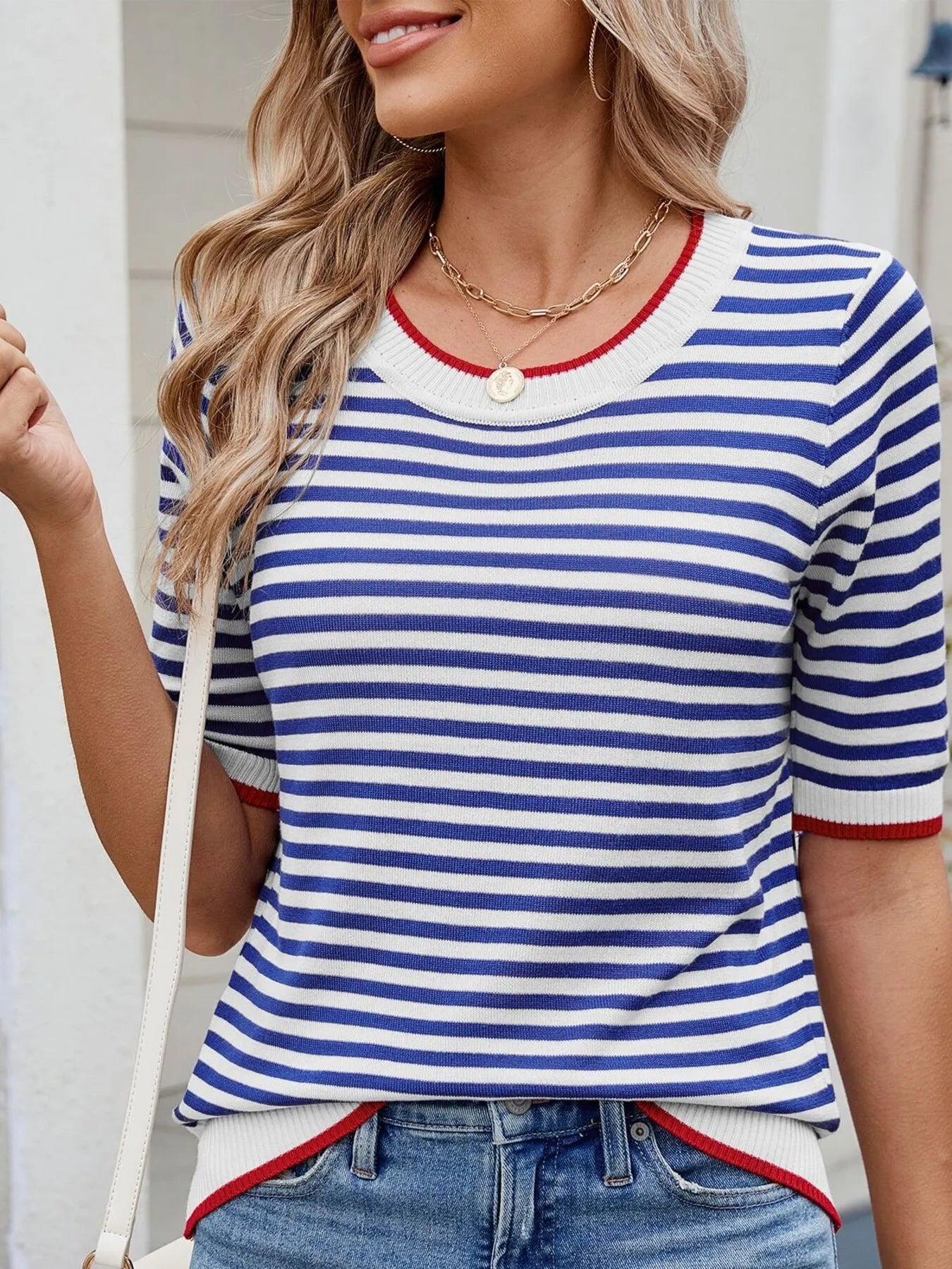 Sarah Express Women's Striped Casual T-Shirt with Contrast Trim