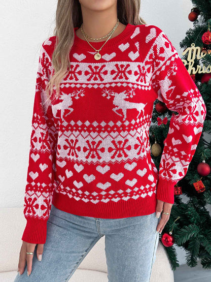 Sarah Express Women's Christmas Deer Pullover Sweater - Festive Holiday Knit Long Sleeve