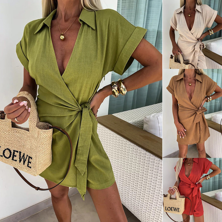 Sarah Express Lace-Up Collar Jumpsuit Romper Shorts Casual Vacation One Piece