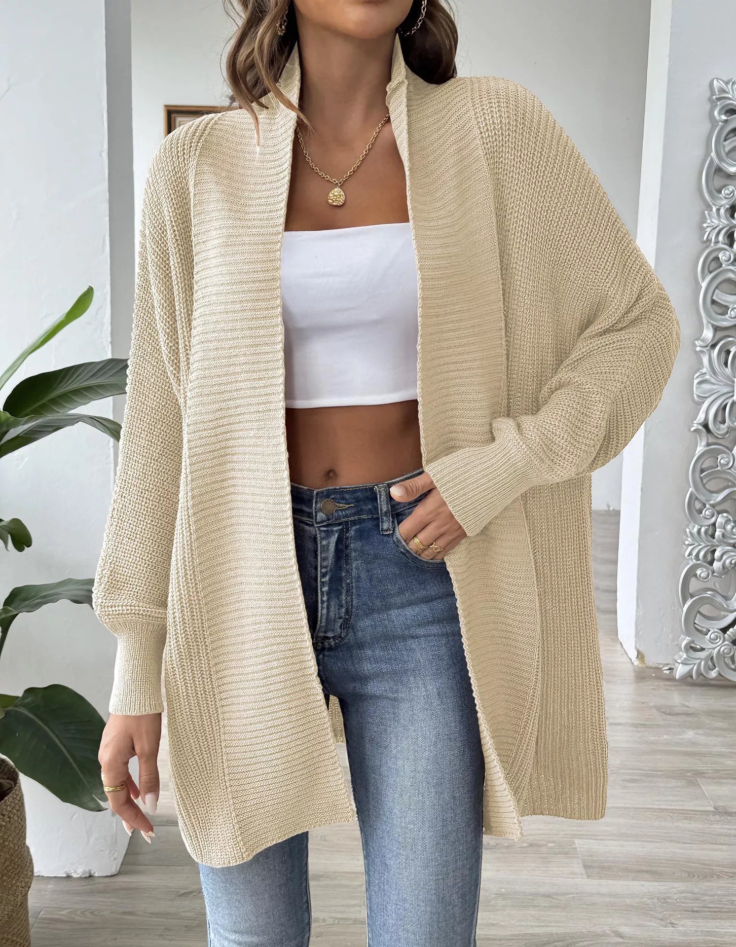 Sarah Express Women's Open Front Ribbed Knit Cardigan Tan One Size