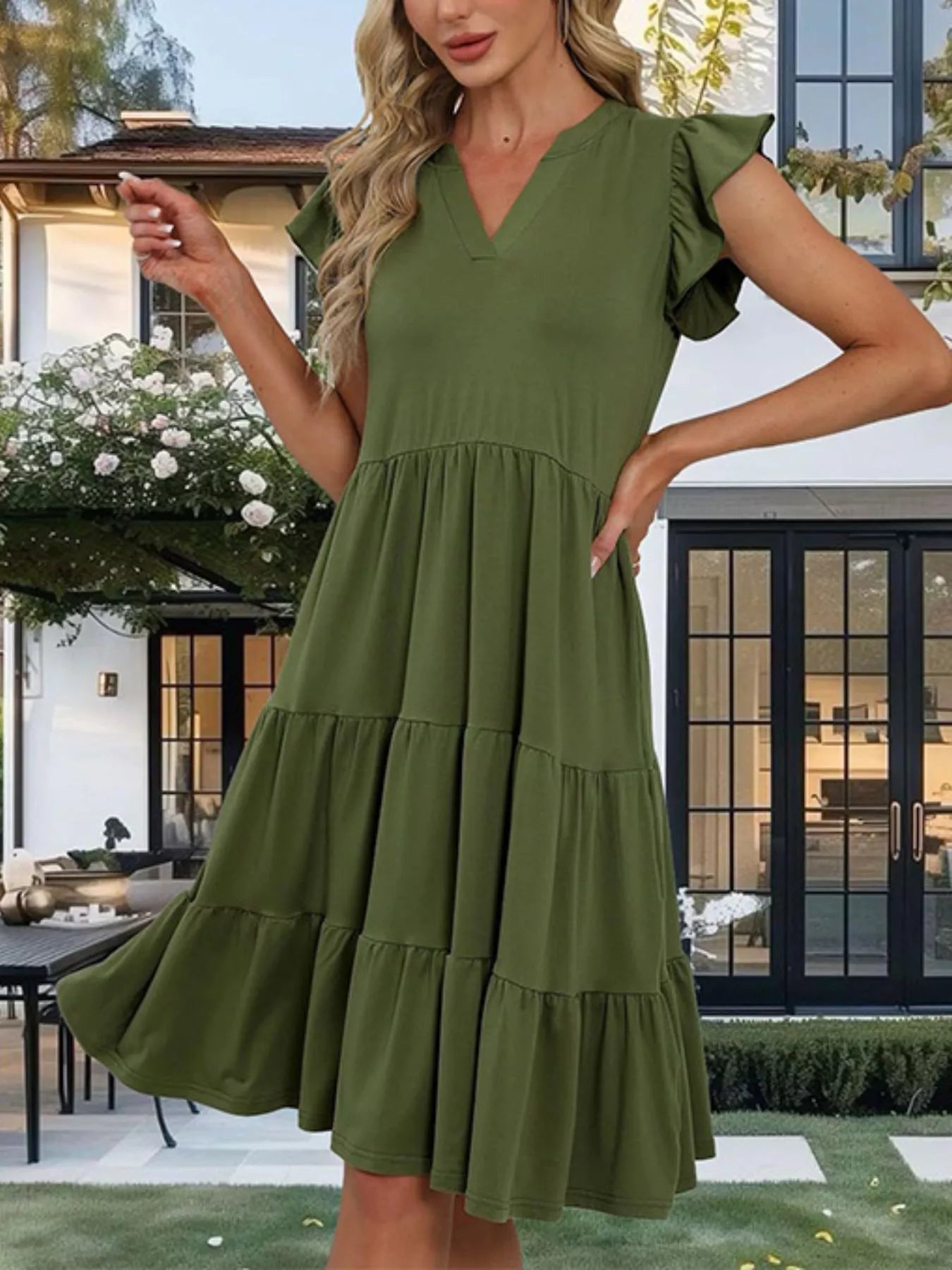 Sarah Express Women's Ruffle Sleeve Tiered Midi Dress