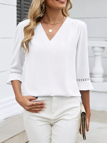 Sarah Express Women's V-Neck 3/4 Sleeve Blouse with Lace Detail