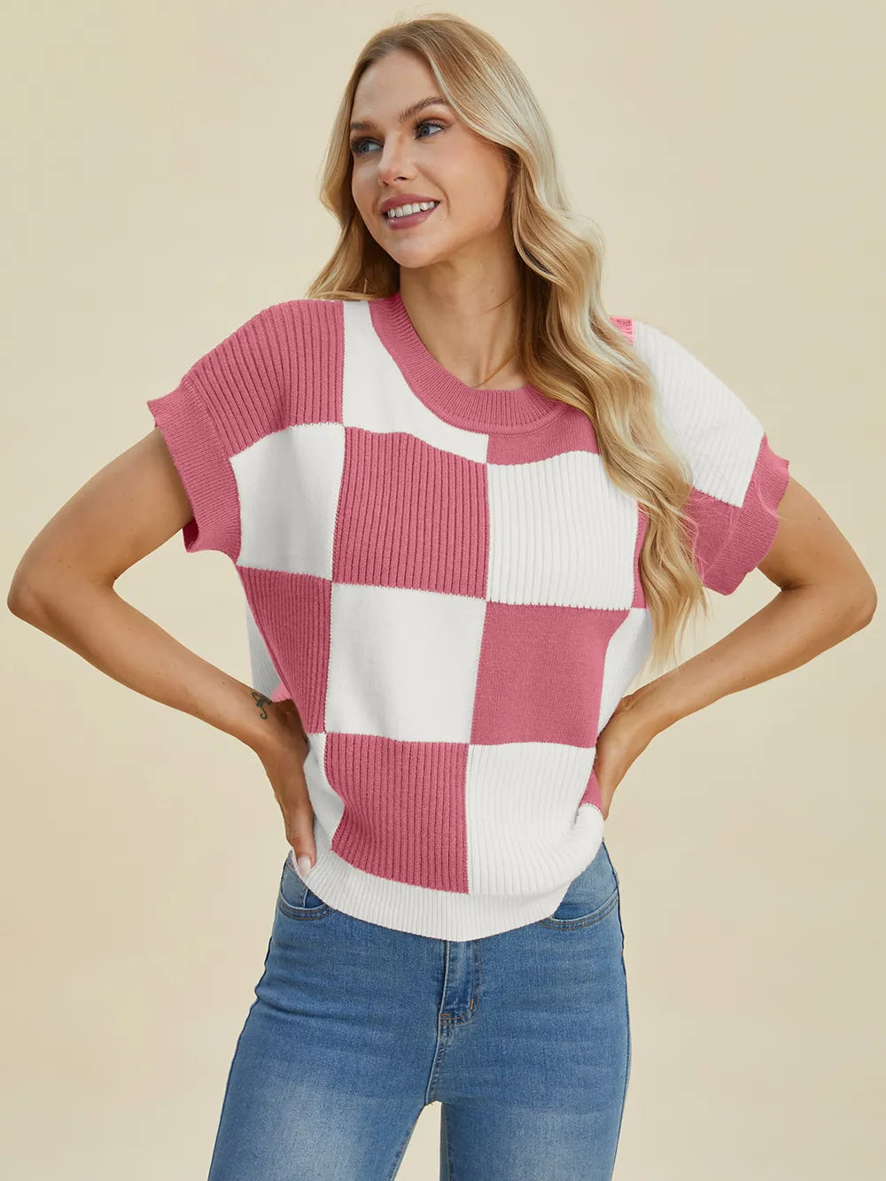 Sarah Express Women's Checkered Round Neck Short Sleeve Sweater