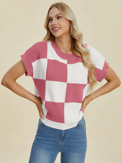 Sarah Express Women's Checkered Round Neck Short Sleeve Sweater