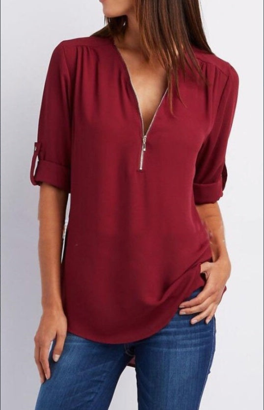 Sarah Express Ruched Half Zip V-Neck Blouse with Rollable Sleeves