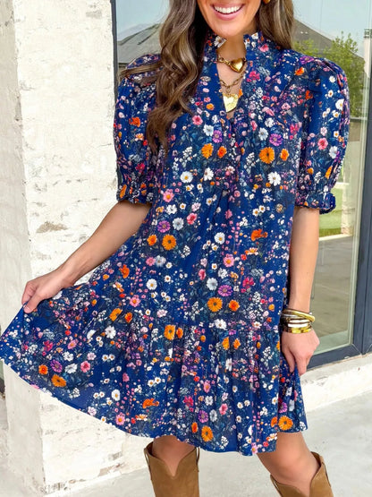 Sarah Express Women's Floral Print Ruffle Hem Mini Dress Short Sleeve Cotton Blend Summer Dress