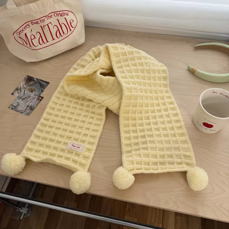 Sarah Express Women's Waffle Knit Pom-Pom Scarf - Cozy Winter Accessory Creamy Yellow ONESIZE