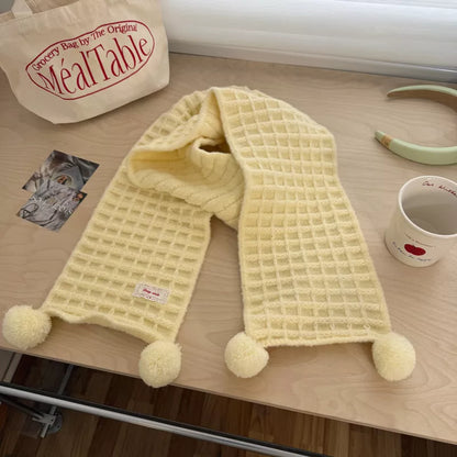 Sarah Express Women's Waffle Knit Pom-Pom Scarf - Cozy Winter Accessory Creamy Yellow ONESIZE