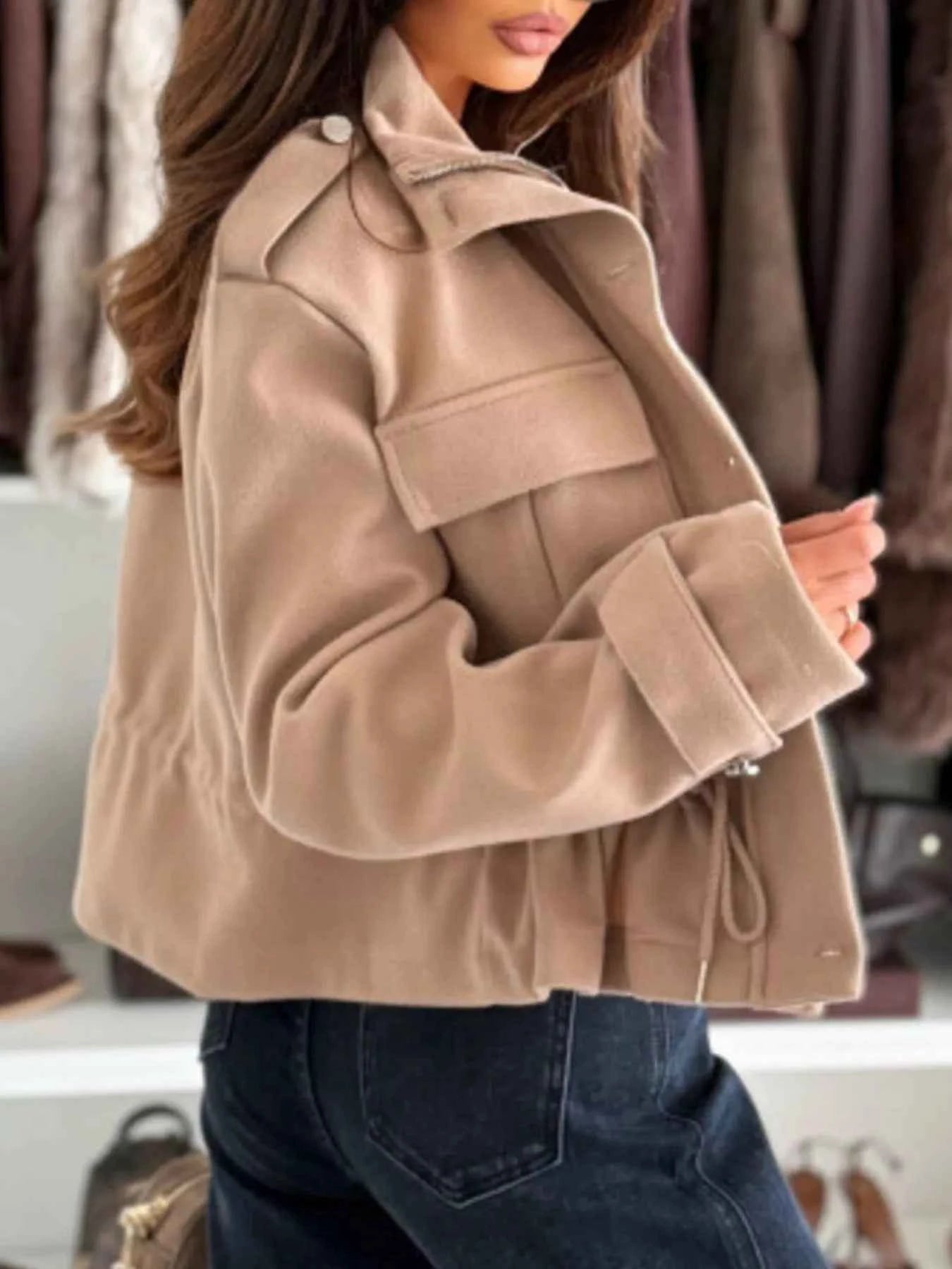 Sarah Express Women's Drawstring Button-Up Casual Jacket with Pockets