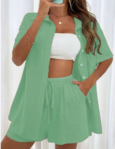 Sarah Express Women's Two-Piece Shirt & Shorts Set - Solid Color Cotton Coordinated Suit