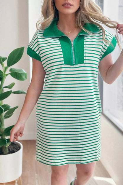 Sarah Express Women's Stripe Quarter Zip Polo Collar T-Shirt Dress with Pockets Green