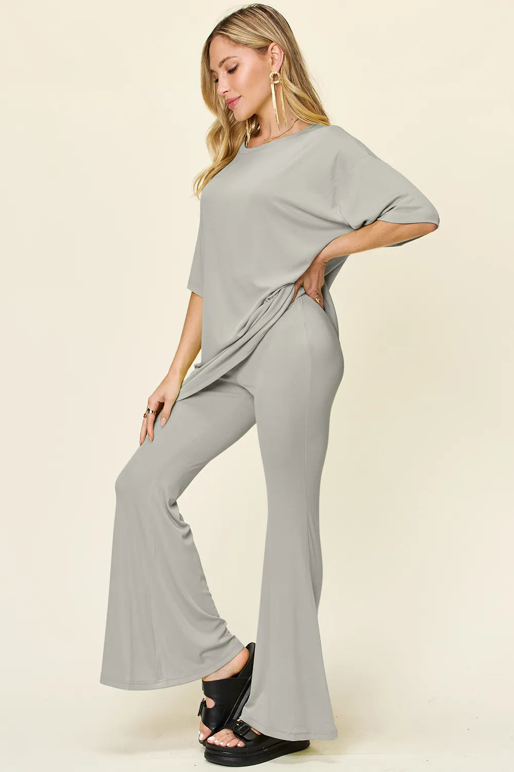 Sarah Express Women's Round Neck Drop Shoulder T-Shirt and Flare Pants Set