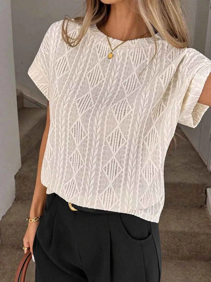 Sarah Express Women's Diamond Pattern Round Neck Top - Short Sleeve Knit Blouse