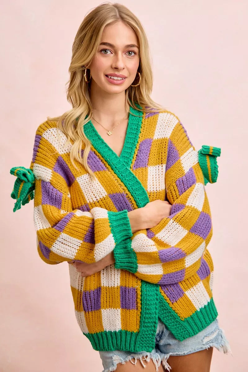 Sarah Express Women's Mardi Gras Checkerboard Front Open Cardigan