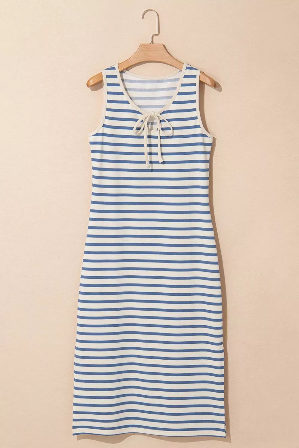 Sarah Express Women's Stripe Tie V Neck Sleeveless Side Slit Midi Dress