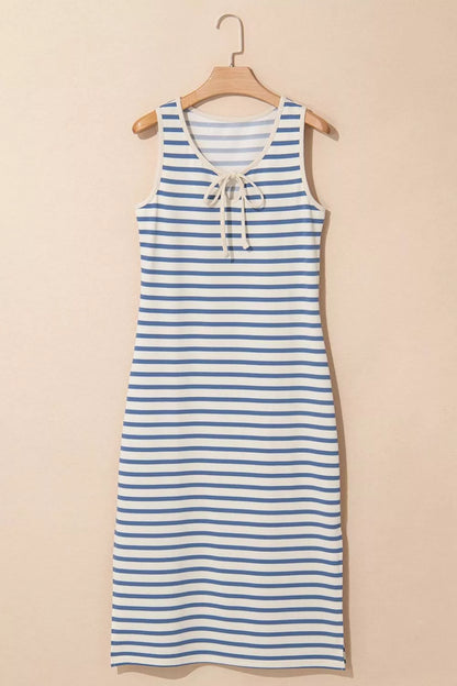 Sarah Express Women's Stripe Tie V Neck Sleeveless Side Slit Midi Dress