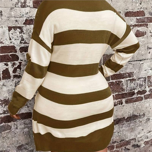 Sarah Express Women's Plus Size Striped Knit Midi Dress - Long Sleeve Casual Sweater Dress