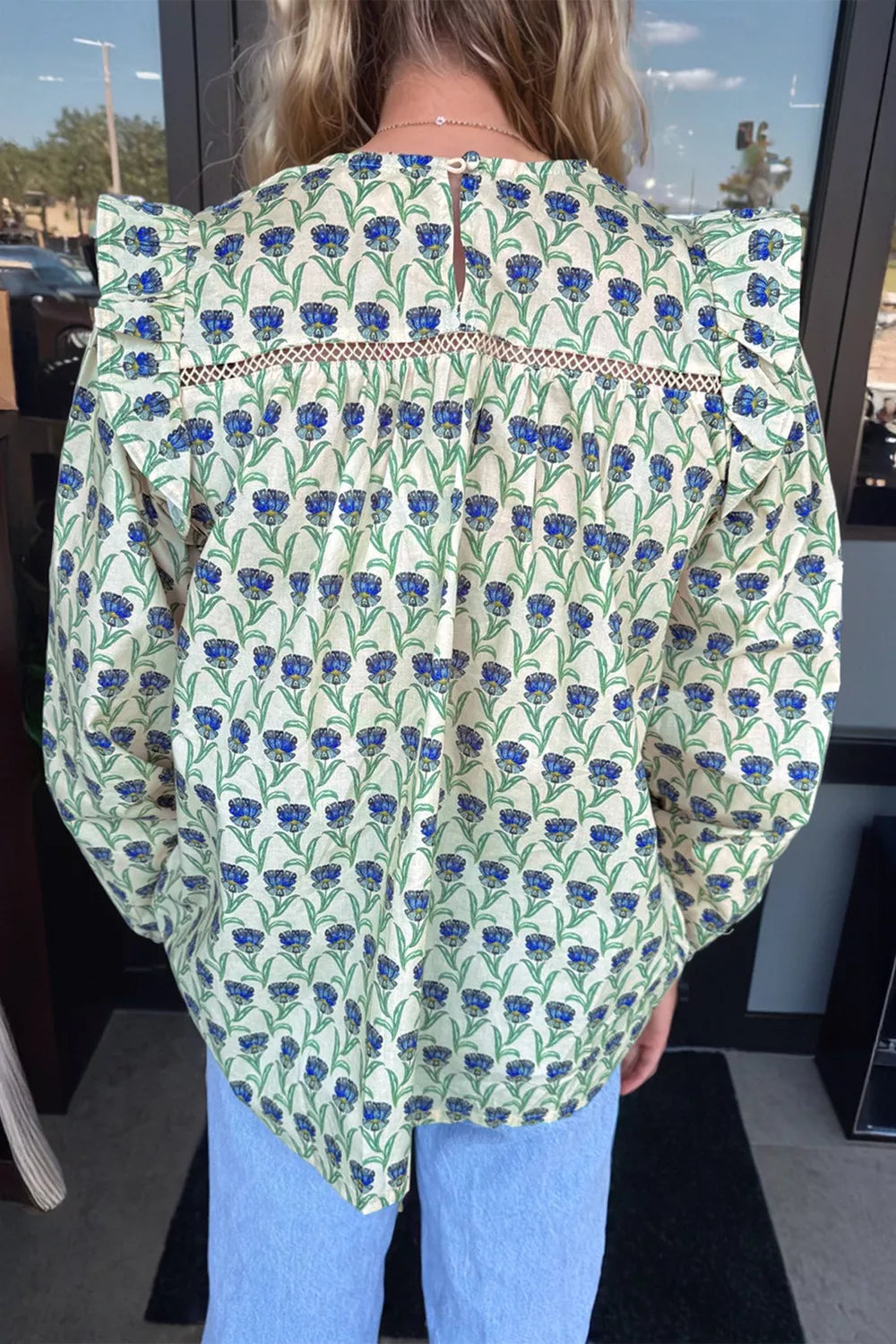 Sarah Express Women's Floral Print Ruffle Trim Long Sleeve Blouse Gum Leaf