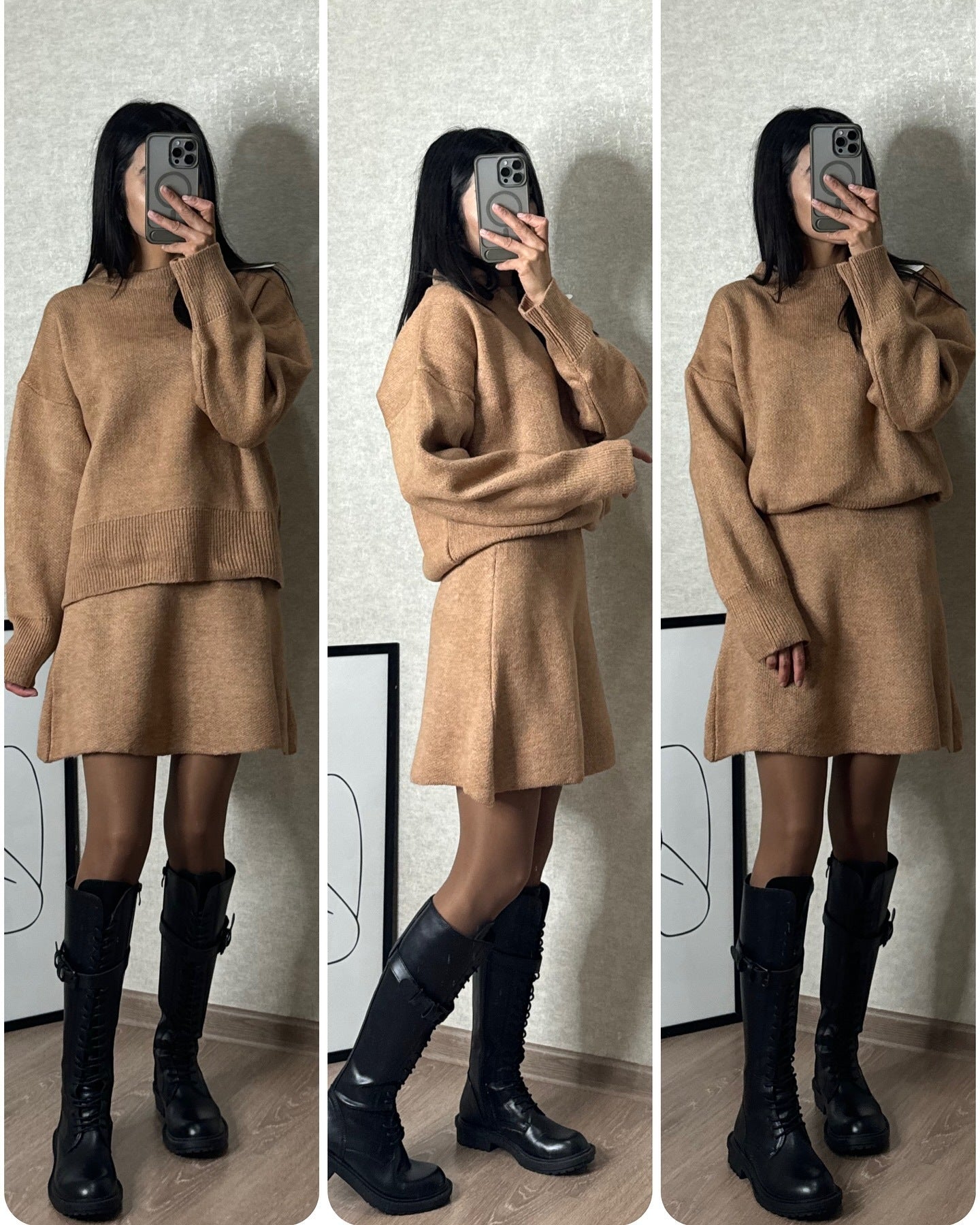 Sarah Express Women's Sweater Skirt Set - 2 Piece Knit Outfit Long Sleeve Pullover High Waist Mini Skirt Camel