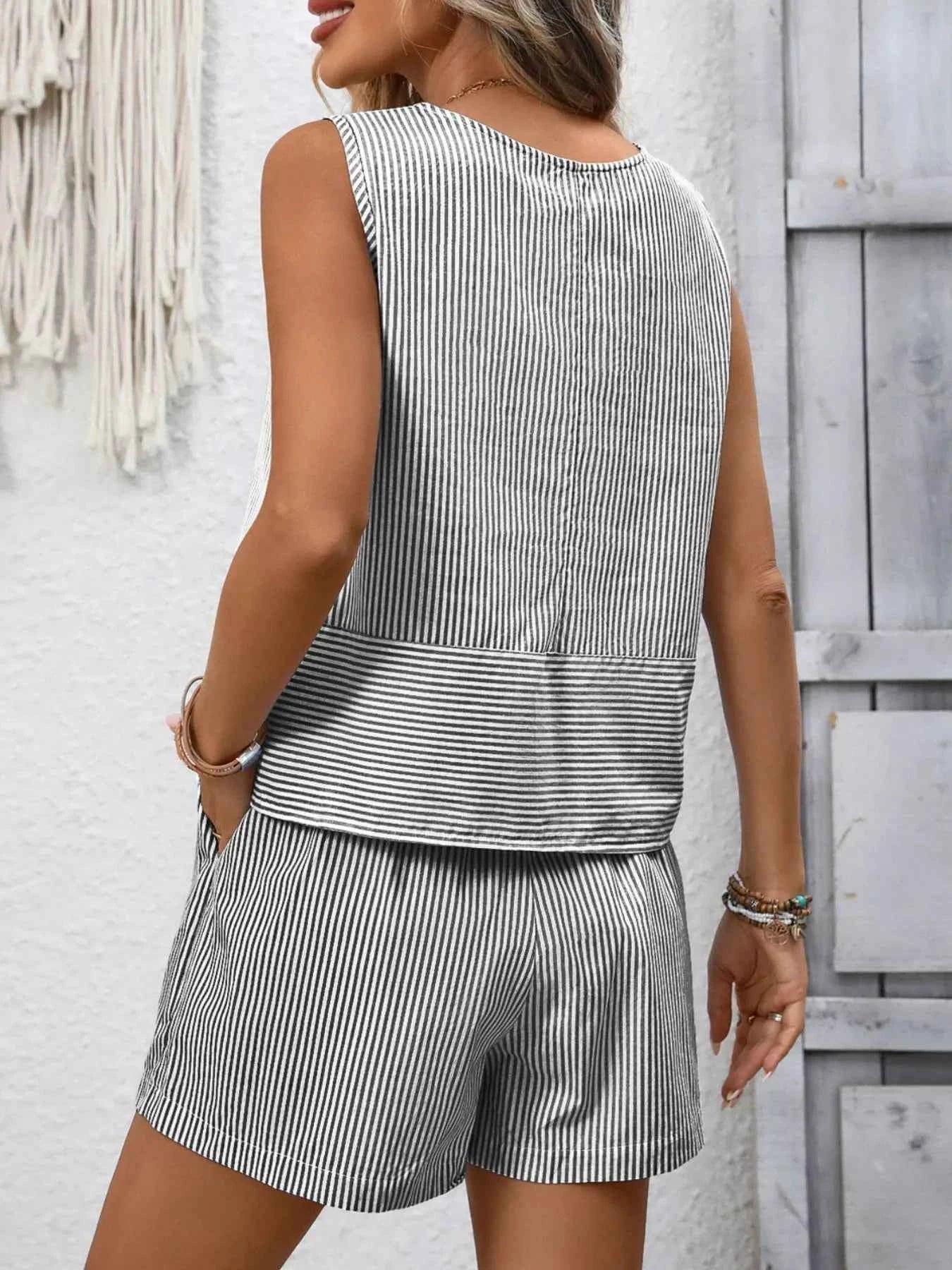 Sarah Express Women's Striped Sleeveless Top & Drawstring Shorts Set - Two Piece Summer Outfit