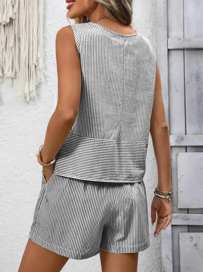 Sarah Express Women's Striped Sleeveless Top & Drawstring Shorts Set - Two Piece Summer Outfit