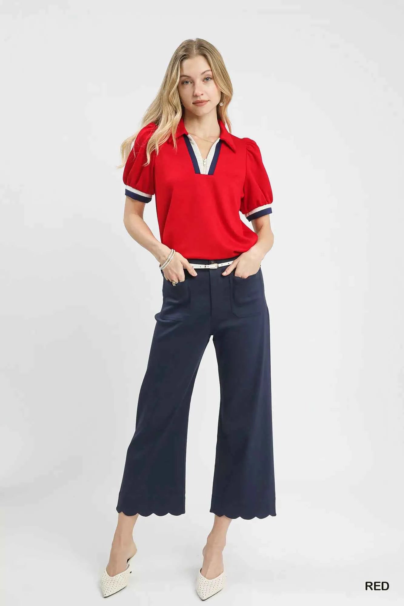 Sarah Express Women's Puff Sleeve Zip Front Top with Contrast Striped Trim - Ribbed Knit Half Zip Pullover