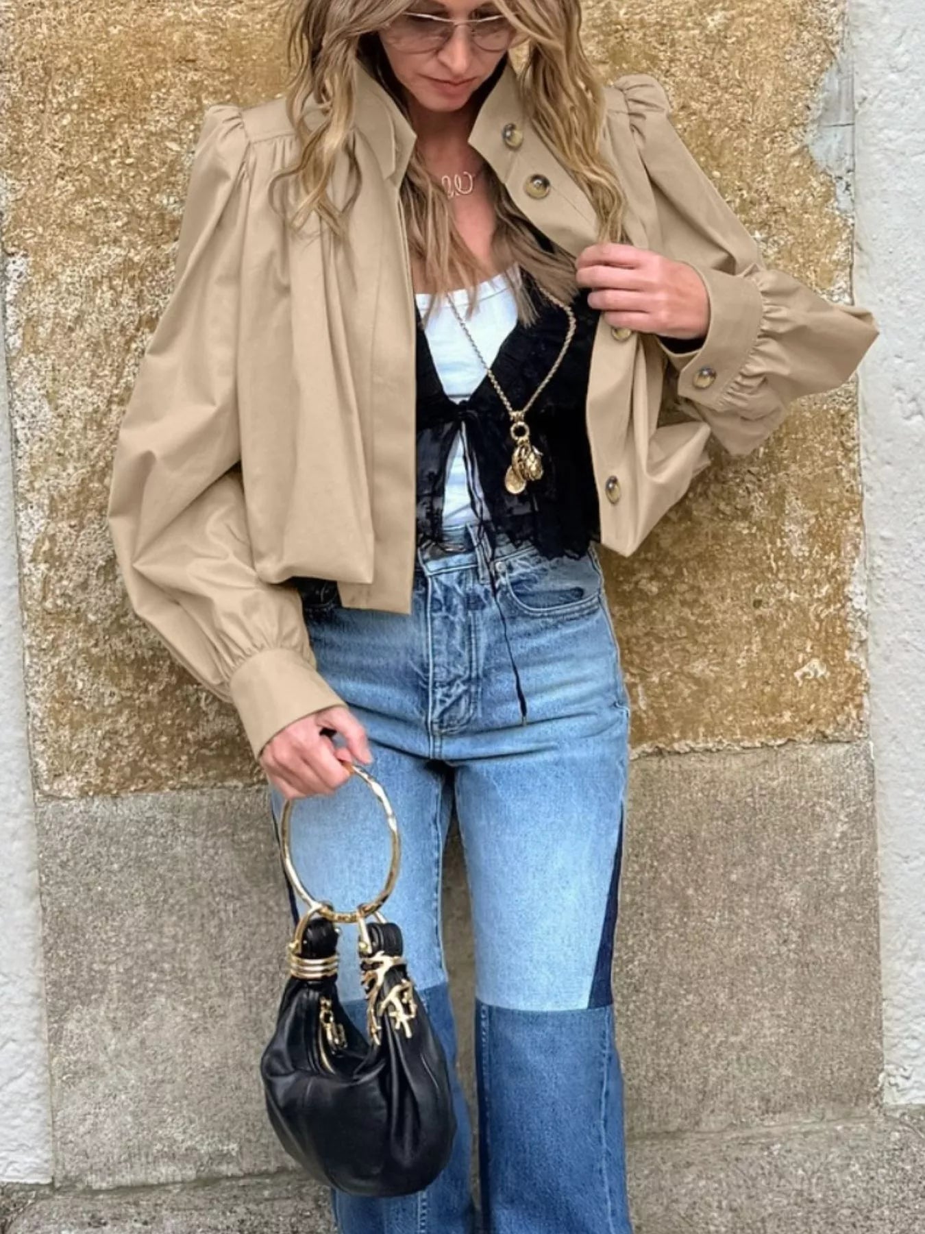 Sarah Express Women's Puff Sleeve Cropped Jacket Khaki