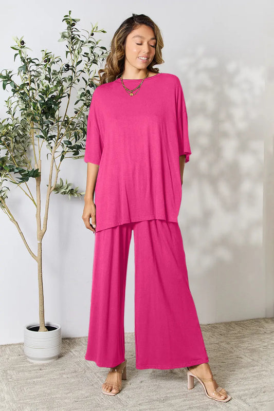 Sarah Express Women's Round Neck Slit Top and Pants Set Hot Pink