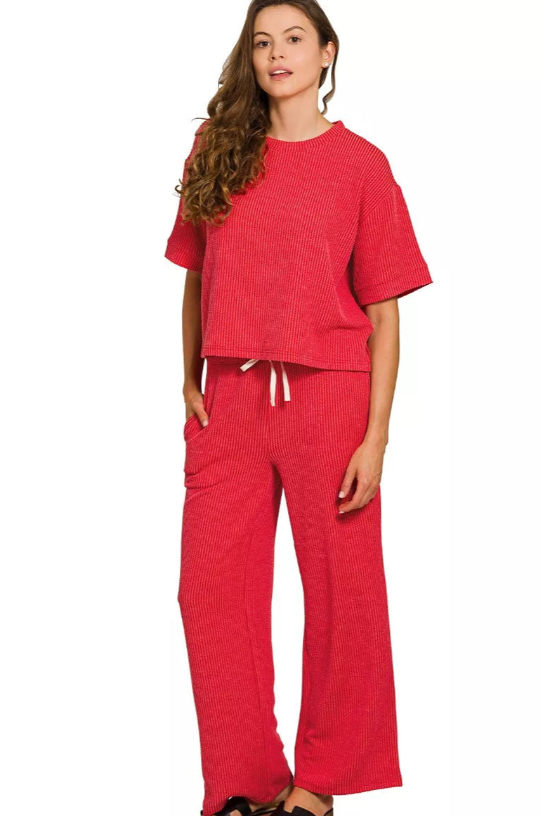 Sarah Express Women’s Raised Rib T-Shirt and Pants Lounge Set Casual