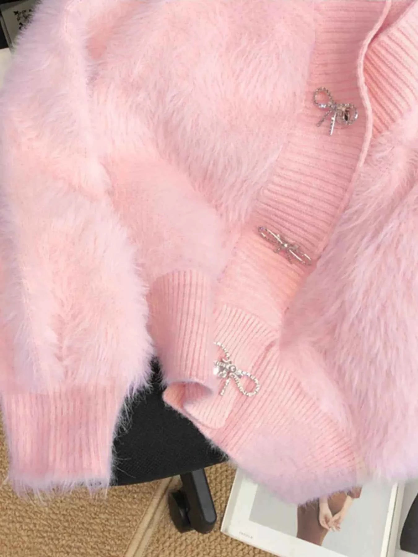 Sarah Express Women's Fuzzy Bow Button Up Cardigan - Cozy Knit Sweater