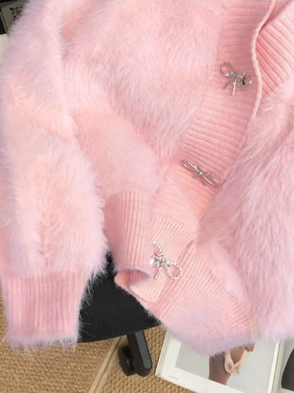 Sarah Express Women's Fuzzy Bow Button Up Cardigan - Cozy Knit Sweater