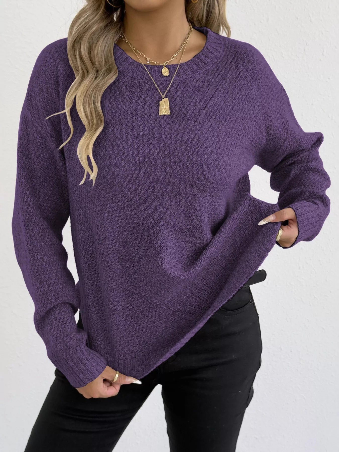 Sarah Express Women's Textured Knit Relaxed Fit Round Neck Sweater Purple