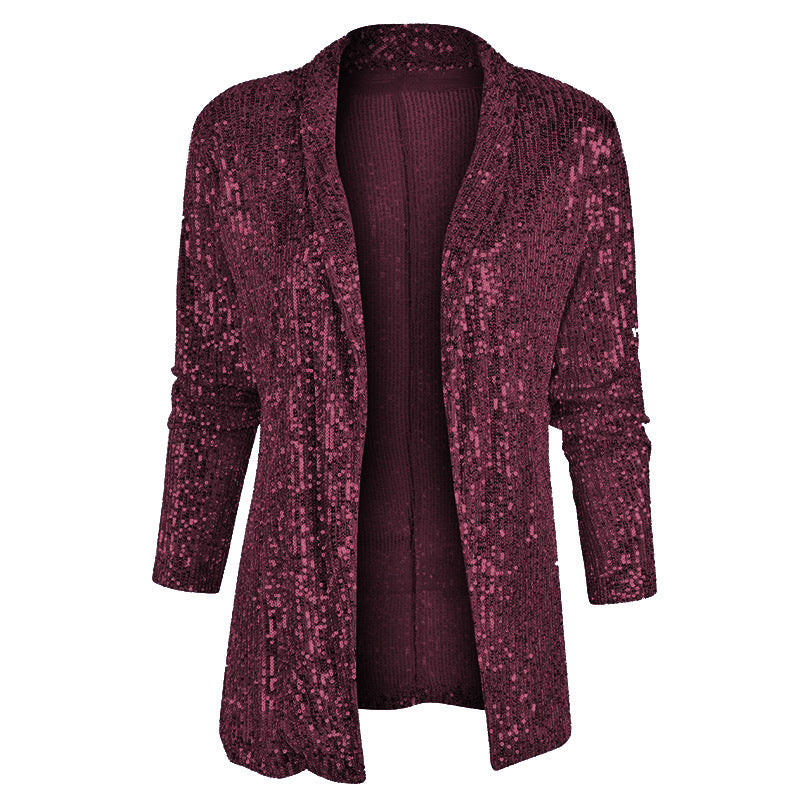 Women's Sequin Long Sleeve Blazer Jacket Polo Collar Mid-Length