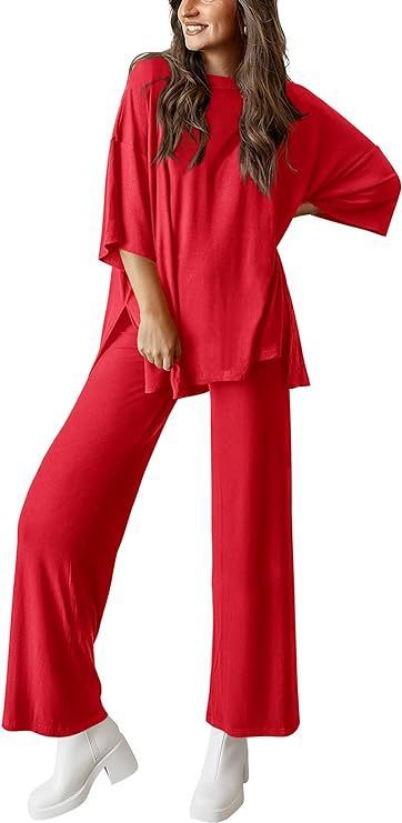 Sarah Express Two Piece Pullover Top Wide Leg Pants Set Polyester