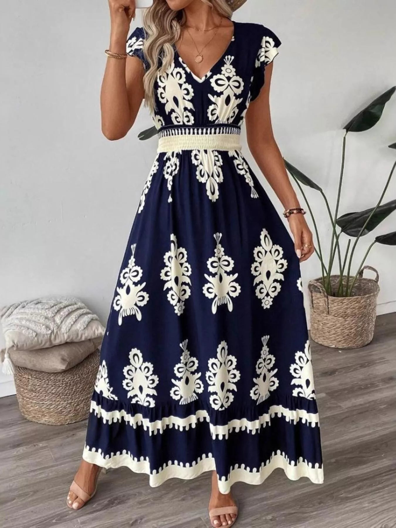 Sarah Express Women's Printed V-Neck Ruffled Cap Sleeve Maxi Dress Navy Blue