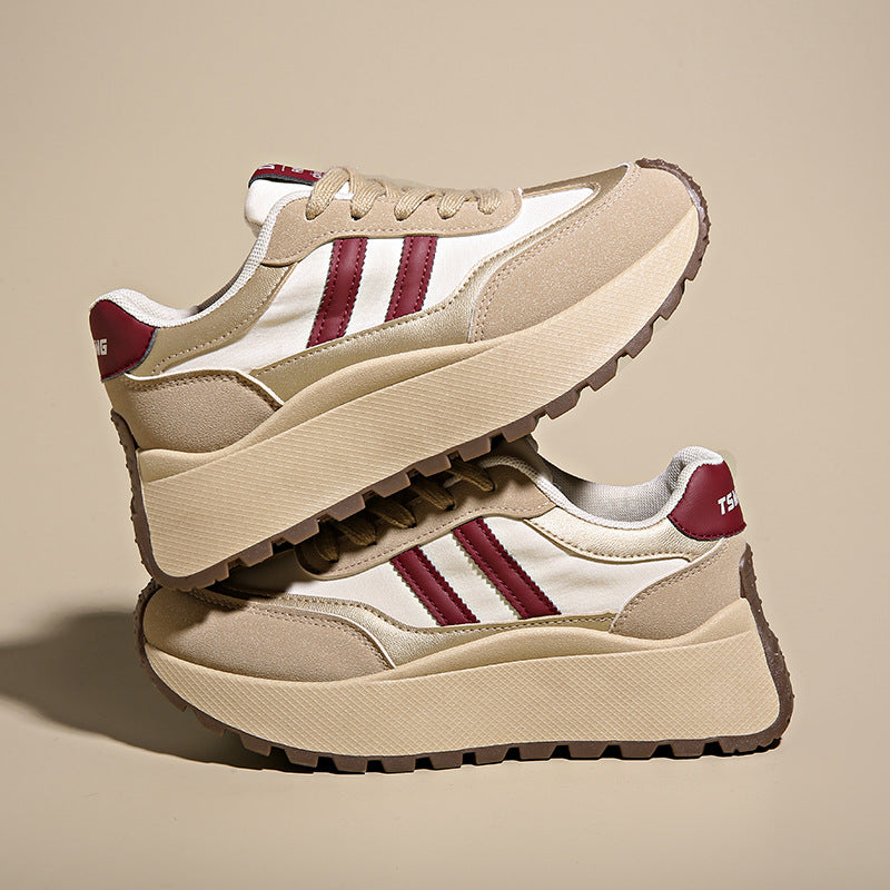 Sarah Express Women's Height-Boosting Lace-Up Sneakers – Synthetic PU Upper, Mesh Lining, Round Toe Khaki Red