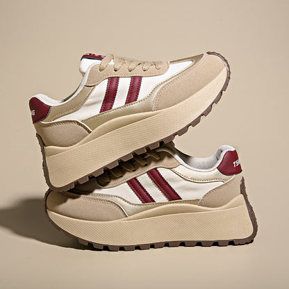 Sarah Express Women's Height-Boosting Lace-Up Sneakers – Synthetic PU Upper, Mesh Lining, Round Toe Khaki Red