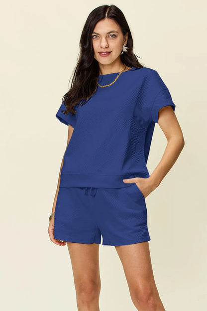 Sarah Express Women's Textured Short Sleeve T-Shirt and Drawstring Shorts Set Royal Blue