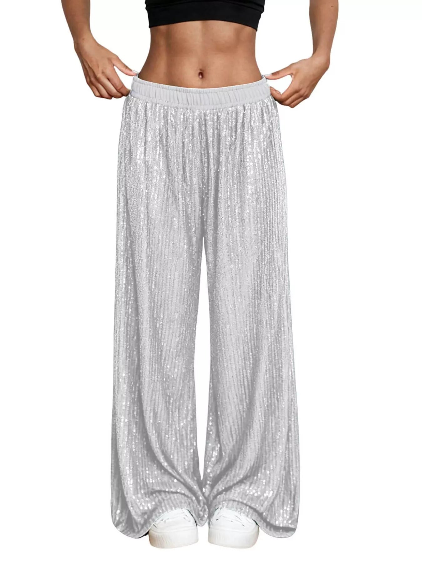 Sarah Express Women's Sequin Wide Leg Pants - High Waist Sparkle Palazzo Trousers White