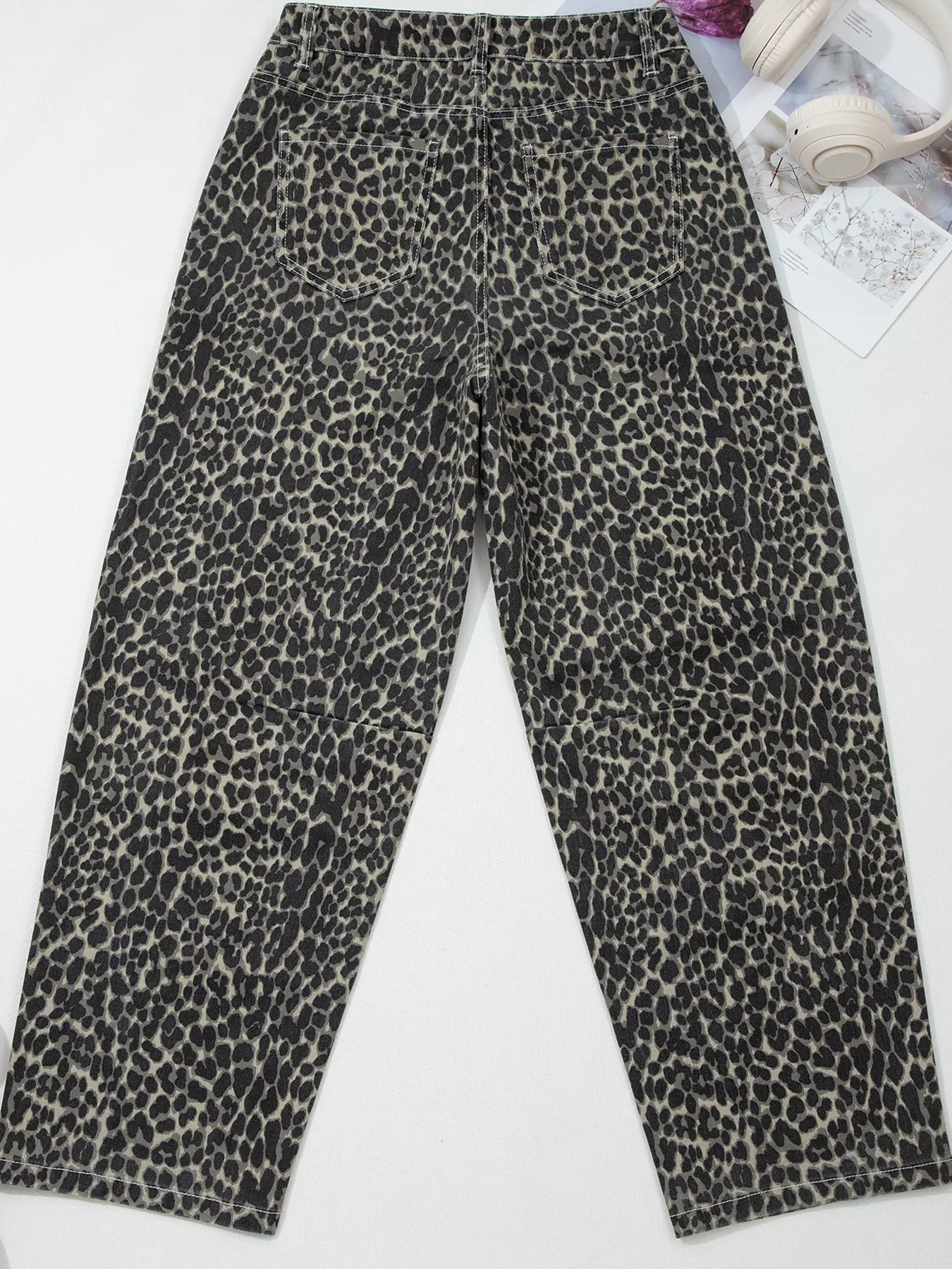 Sarah Express Women's Leopard Print High Waist Barrel Jeans