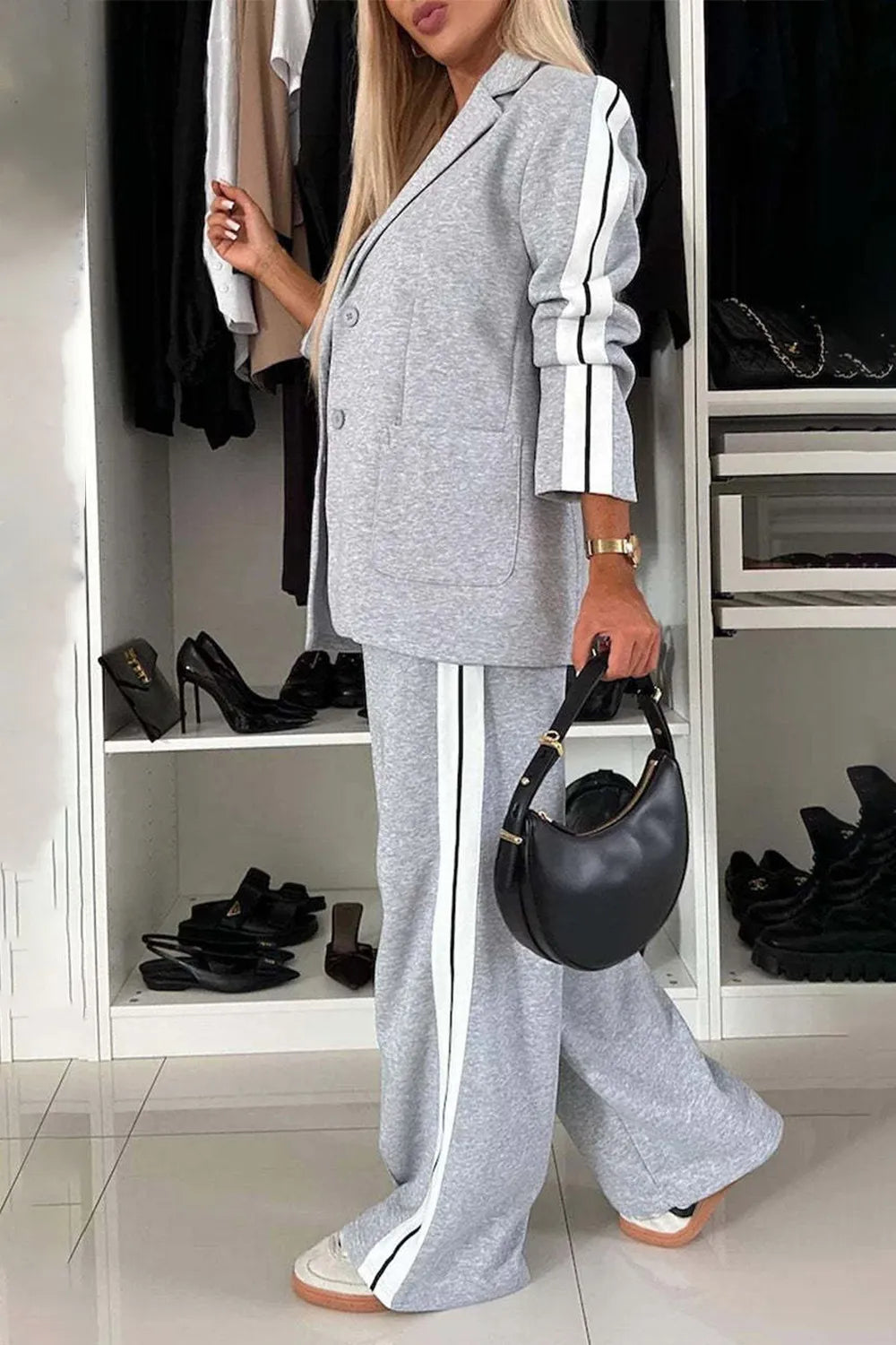 Sarah Express Women's Two-Piece Contrast Lapel Top and Pants Set Buttoned Pocketed Work Casual Outfit