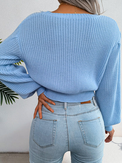 Sarah Express Women's Cable Knit Lantern Sleeve Cinched Sweater - Cozy Pullover Top