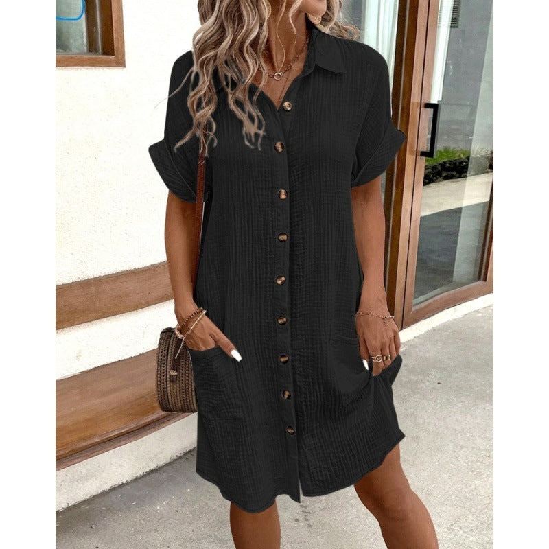 Sarah Express V-Neck Button Front Shirt Dress - A-Line Short Sleeve Women's Dress