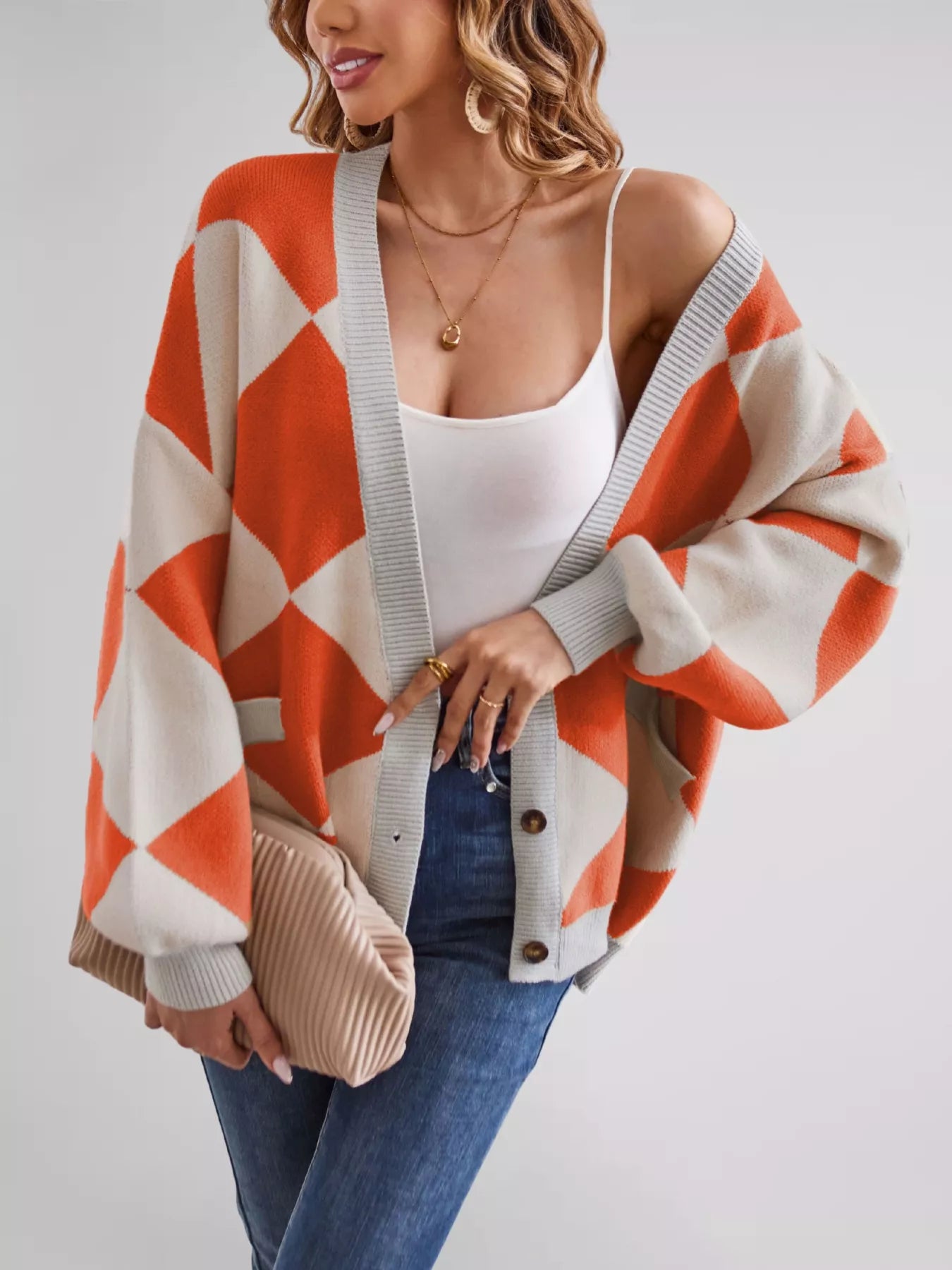 Sarah Express Women's Diamond Pattern Button-Up Knit Cardigan